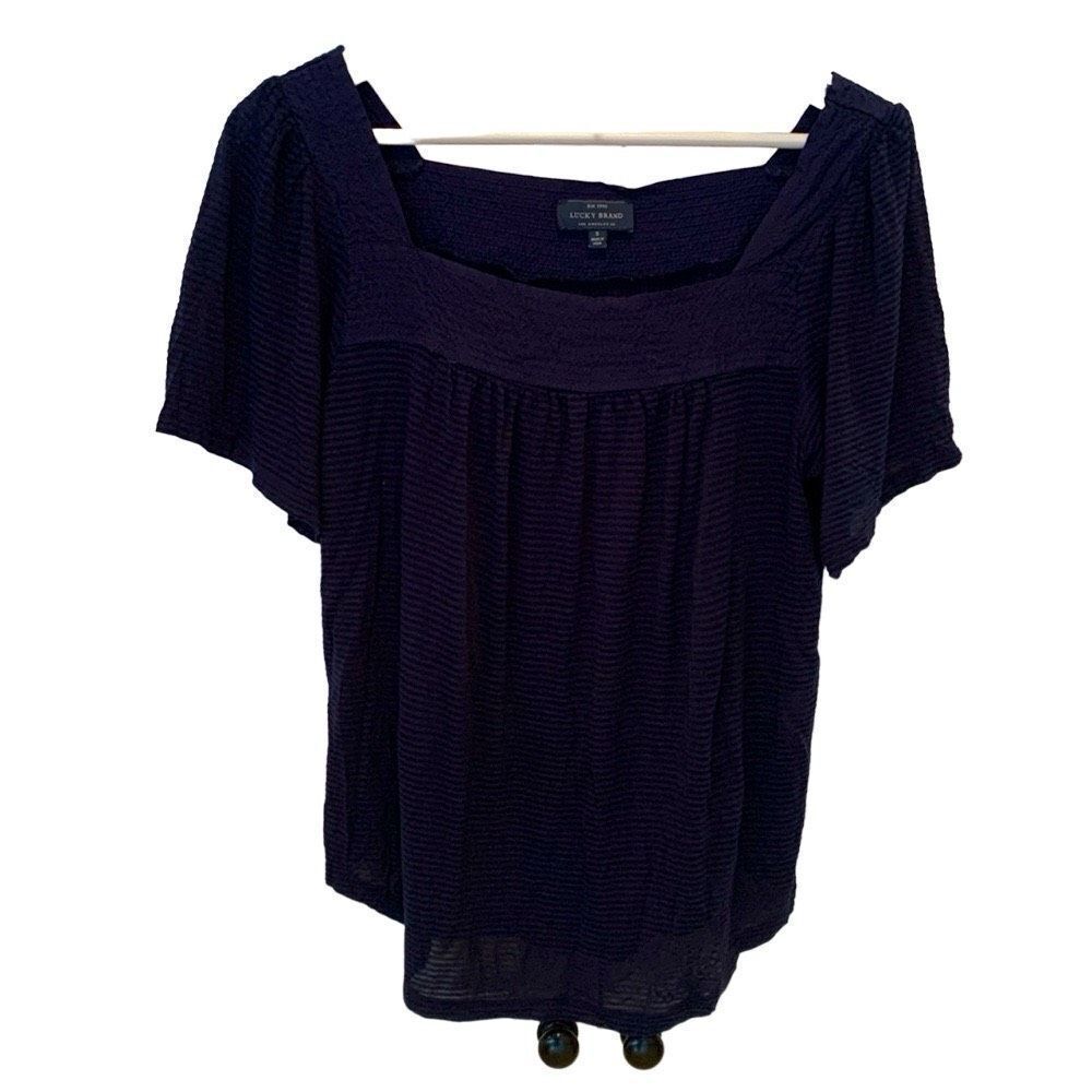 Lucky Brand Size: Small Square Neck Navy Blue Stripe Top, Semi-Sheer Blouse
